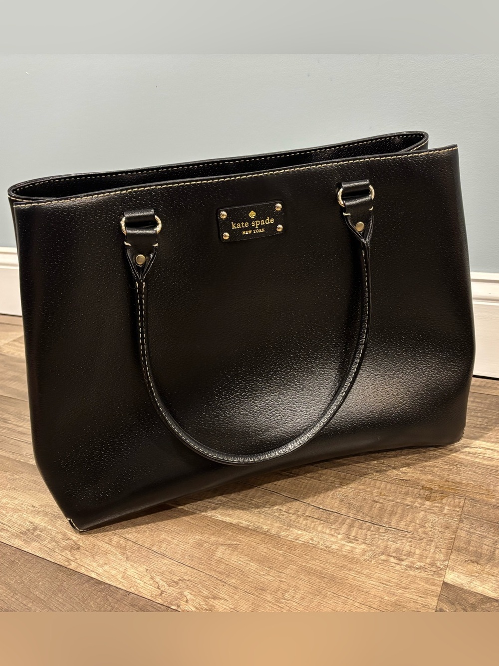 kate spade Black Leather Structured Tote with Gold Plaque